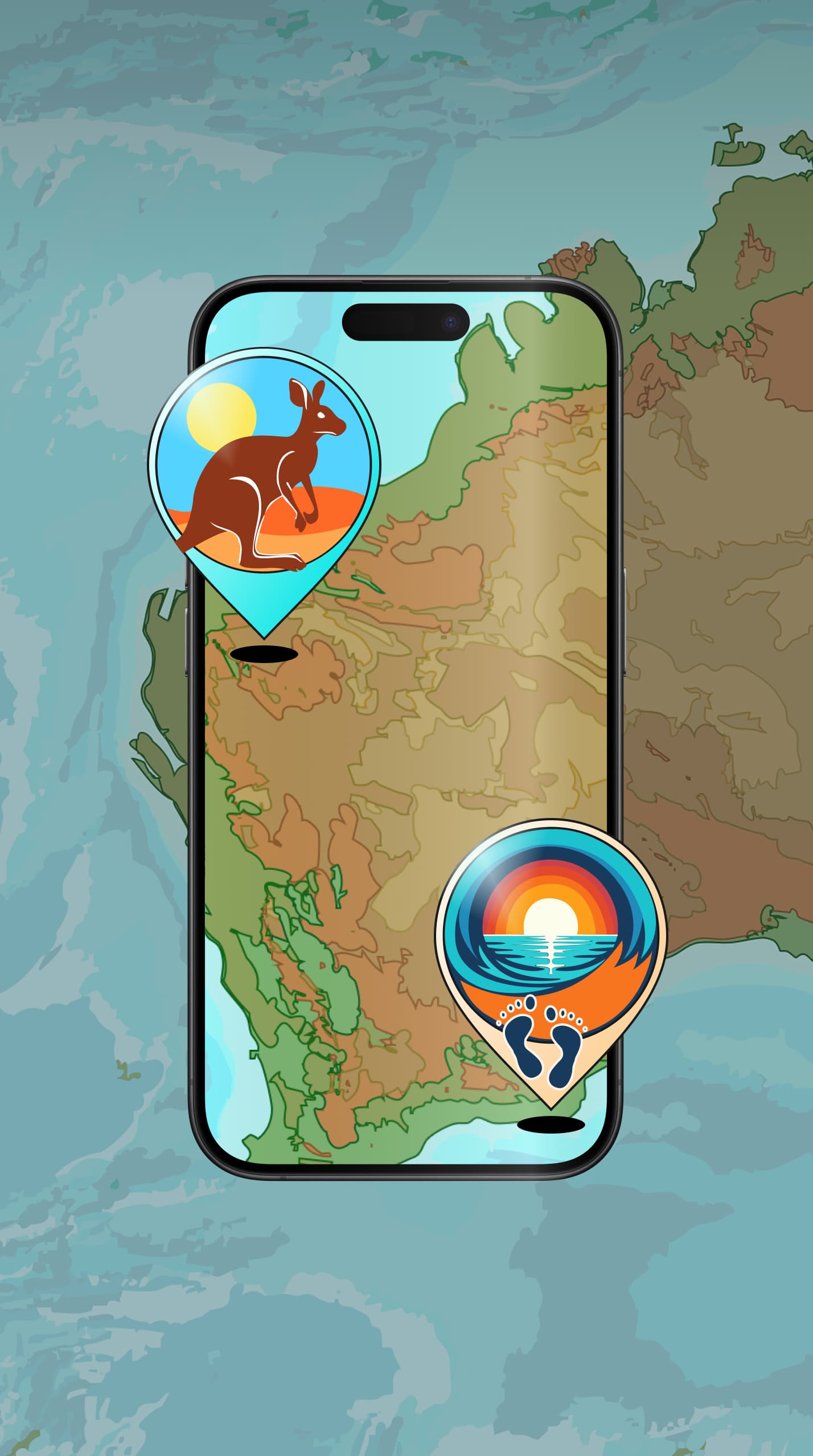 An illustration of a map of Western Australia containing 2 map pins