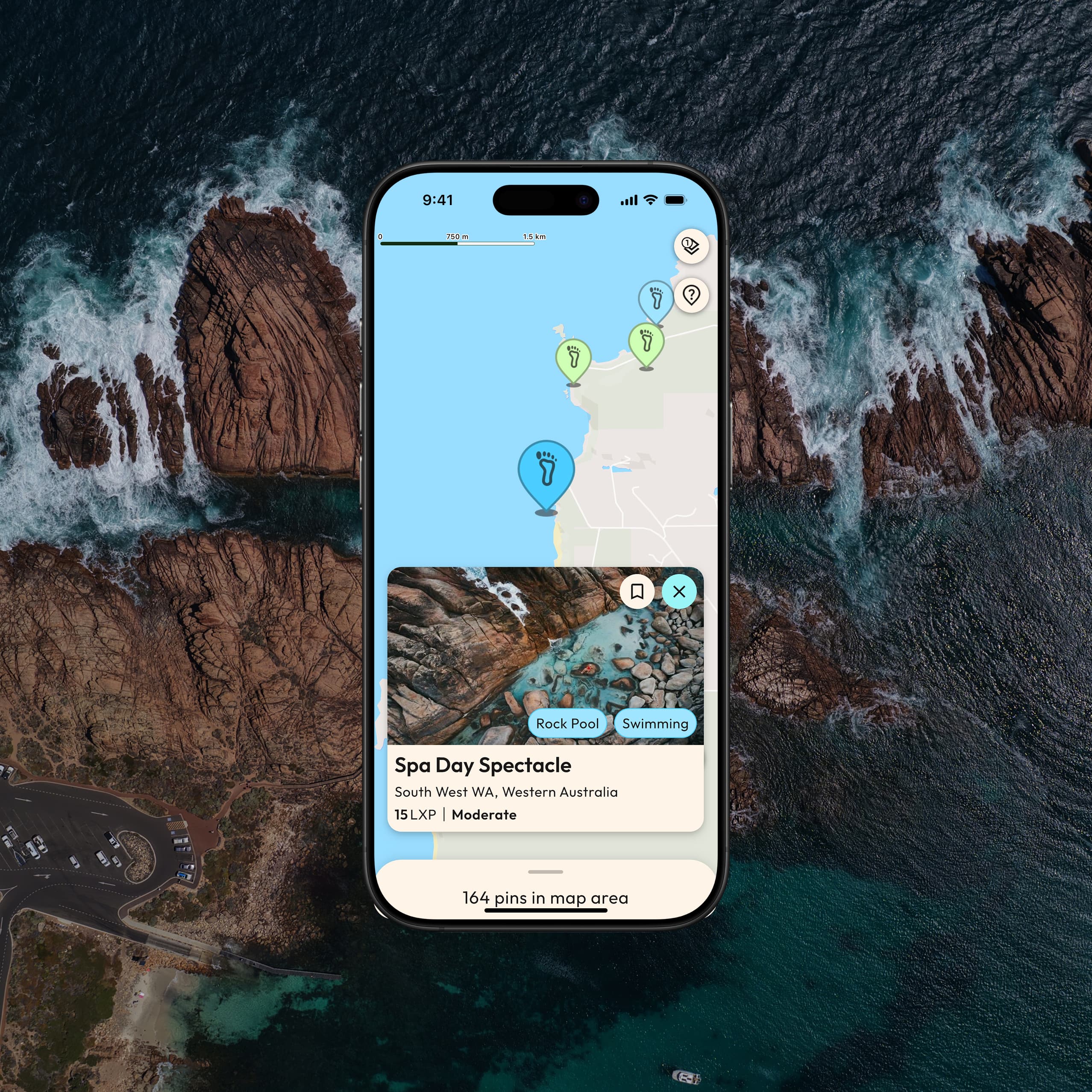 Footprints Maps interactive travel map showing locations and challenges across Australia