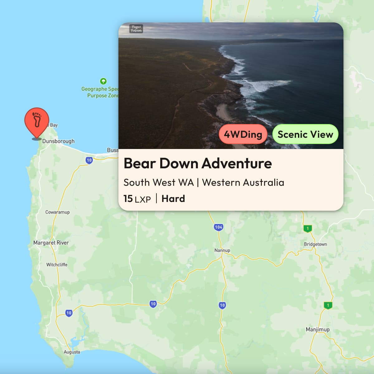 Bear Down Adventure challenge on a map of South West, Western Australia, Adventure and Sport category preview
