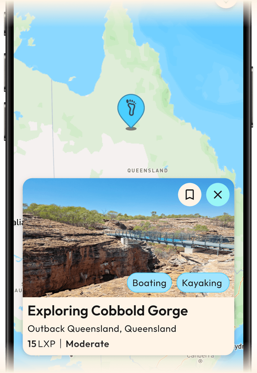 Map view highlighting a regional destination and activity listing.