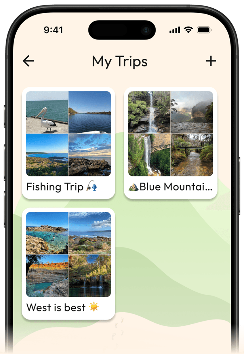 My Trips screen showing saved trip ideas as cards.
