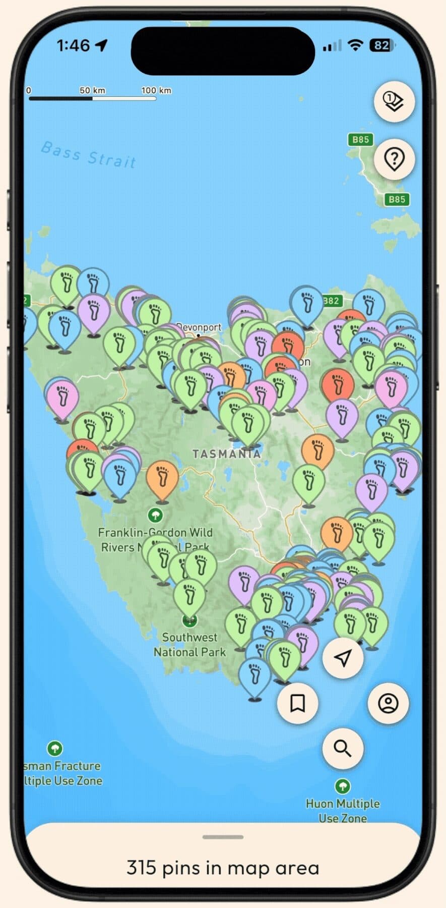 Footprints Maps app on a phone showing an interactive map of Tasmania